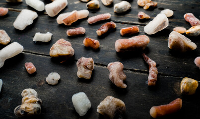 Raw seafood mix. Black background. Food concept. Frozen seafood cocktail.