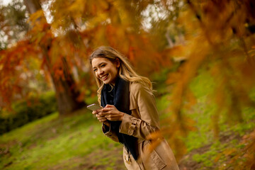 Young woman using mobile phone in the autumn park