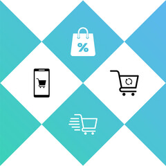 Set Mobile and shopping cart, Shopping, bag with percent and Refresh icon. Vector.