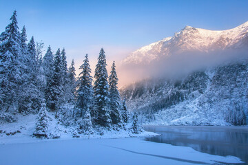 Winter mountains. Snowy mountain nature in the morning.