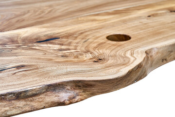 Live edge elm countertop on white background. Close-up
