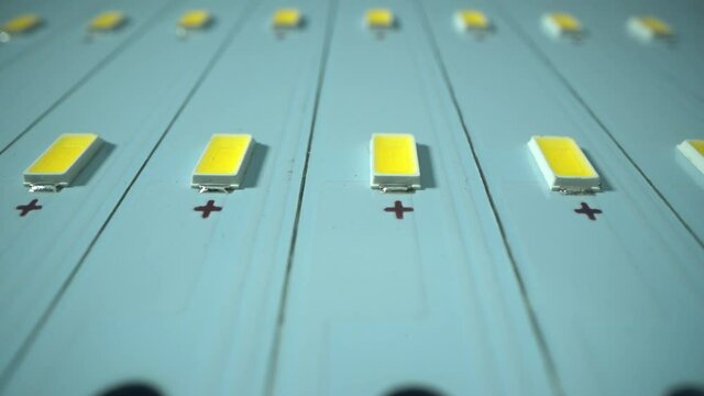 Many Light-emitting diode panels with black surface. Macro shot. Industry of new technology and energy saving. Concept of LED light.