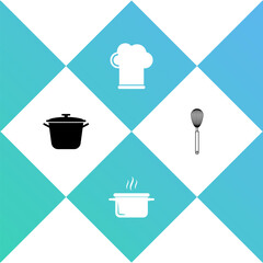 Set Cooking pot, , Chef hat and Kitchen whisk icon. Vector.