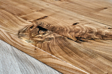 Live edge elm countertop in workshop. Close-up