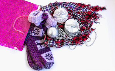 Christmas socks and gifts on white background with copy space