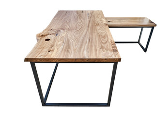 Live edge elm desk with metal base on white background