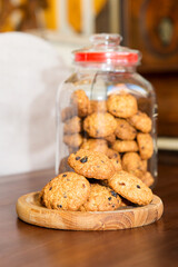 Homemade oatmeal cookies with chocolate pieces. Homemade baking.