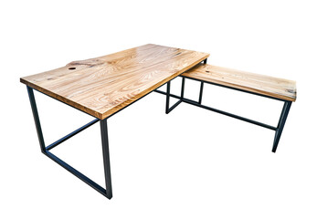 Live edge elm desk with metal base on white background