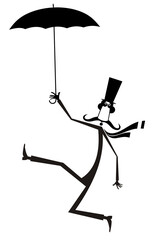 Mustache man in the top hat walking with umbrella black on white illustration