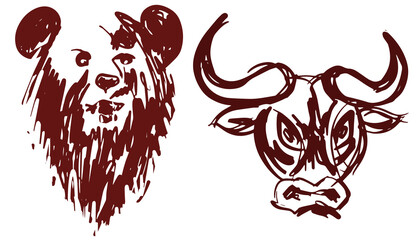 Hand drawn bear and bull heads silhouette isolated on white background as a symbol of bullish and bearish market, eps10 vector illustration.