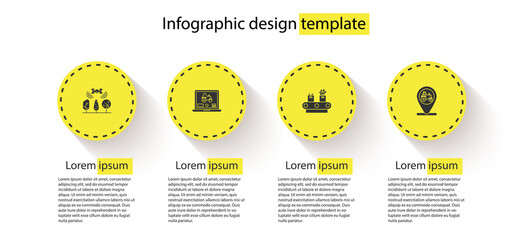 Set Smart farm with drone, Laptop application for smart, Conveyor belt box and Tractor and location. Business infographic template. Vector.