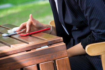 the girl uses a red phone