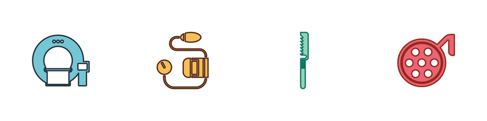 Set Tomography, Blood pressure, Medical saw and Surgery lamp icon. Vector.