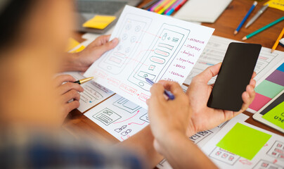 Two designers are in discussions to design user interface layouts for websites and mobile apps.