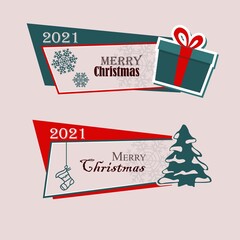 christmas banner 2021 with tree and gift, snowflakes and sock set vector