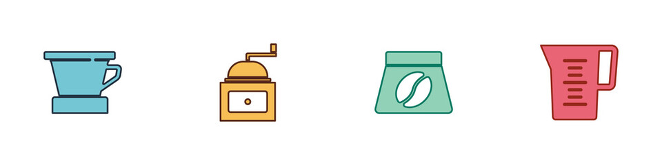 Set V60 coffee maker, Manual grinder, Bag beans and Jug glass with water icon. Vector.