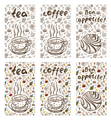 Food cards with tea, coffee and dessert illustrations in retro style. Banners for cafe or restaurant 