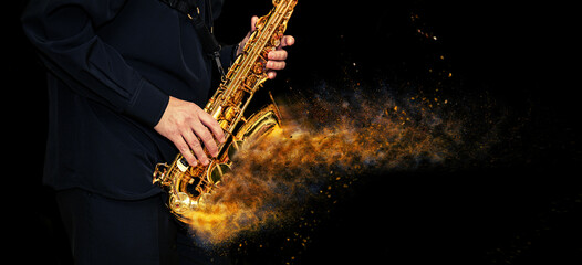 Saxophone with disperse dust effect Player hands Saxophonist playing jazz music. Alto sax musical instrument closeup on black background - obrazy, fototapety, plakaty