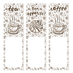 Food banners for cafe or restaurant with space for text. Tea, coffee and dessert illustrations in sepia tone pencil