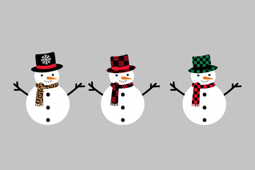 Snowman trio. Cute Christmas characters isolated. Vector cartoon style.