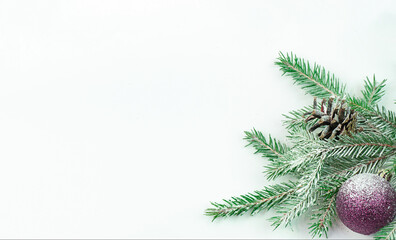Fototapeta na wymiar On a spruce branch a cone and a Christmas balloon