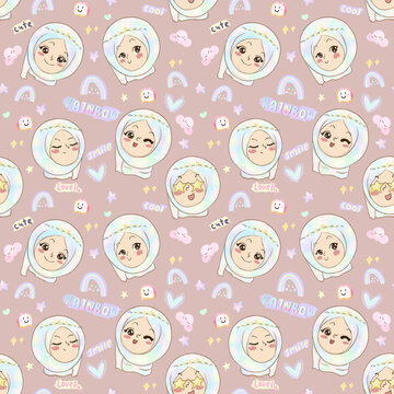 Seamless pattern with rainbow hijab emo stickers. Cute hijab girl drawing in different characters. Pastel hijab, pastel purple background.
