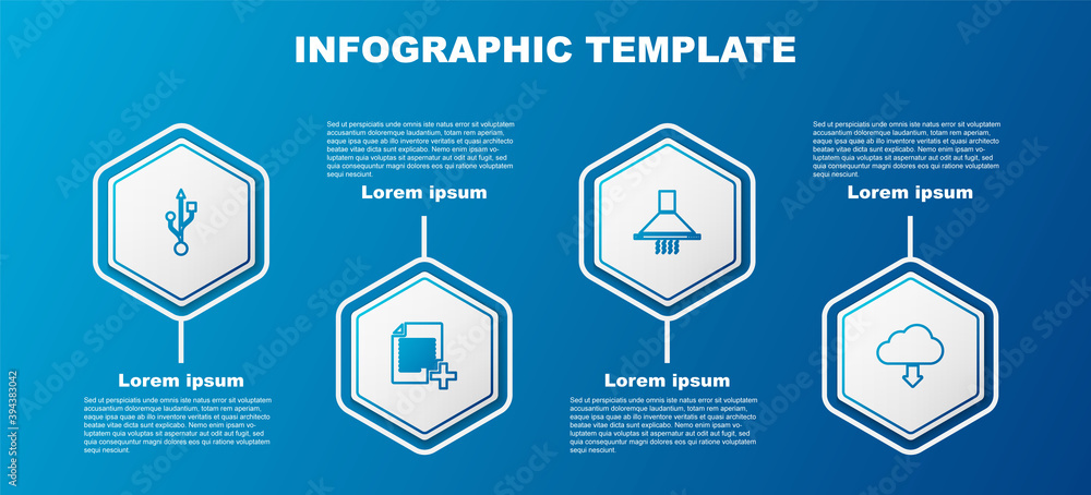 Sticker Set line USB, Add new file, Kitchen extractor fan and Cloud download. Business infographic template. Vector.