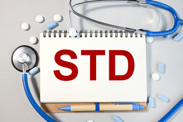 STD .Sexually transmitted infections. text on white paper on gray background. Medical concept