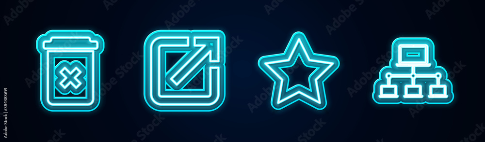 Aufkleber set line trash can, open in new window, star and computer network. glowing neon icon. vector.
