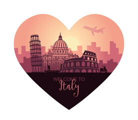 Abstract Italian cityscape with silhouettes of sights at sunset in the form of a heart