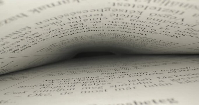 Book pages macro closup with probe lens sliding through the tunnel of text