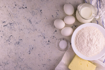 
Ingredients for baking on a white background.
Flat lay. Copy space.