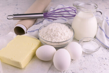 
Ingredients for baking on a white background.
Close-up.