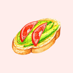 Watercolor Hand Drawn Illustration Food Bruschetta Bread Toast Tomato Avocado Clip Art