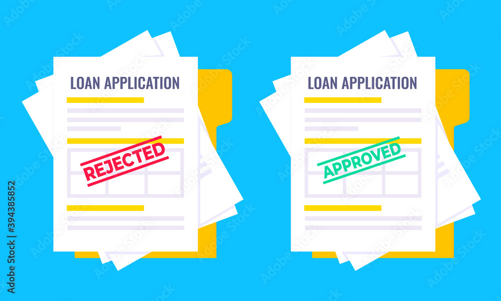 Poster rejected and approved credit or loan forms set with claim form on it, paper sheets isolated on blue 