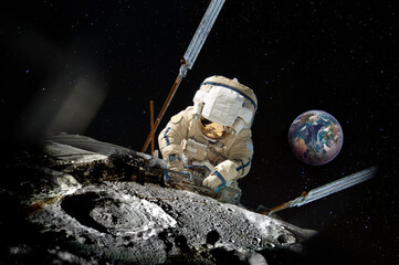 Astronaut repairman repairs something on the moon surface, and the planet Earth behind him on a...