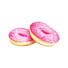 Watercolor Hand Drawn Illustration Food Bakery Sweet Pink Glazed Donuts Clip Art