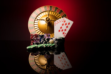 Casino set with Roulette, cards, dice and chips - 394386031