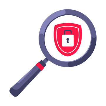 Shield with padlock on it security protection symbol in the magnifier circle glass. Safety lock, privacy policy and data protection metaphor.