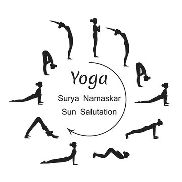 Surya namaskar A sun salutation yoga asanas sequence set vector illustration. Young woman do morning yoga stretch exercise poses for body health. Asana flat style design infographic complex.