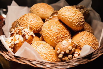 Mixed of fresh baked breads and buns in a basket