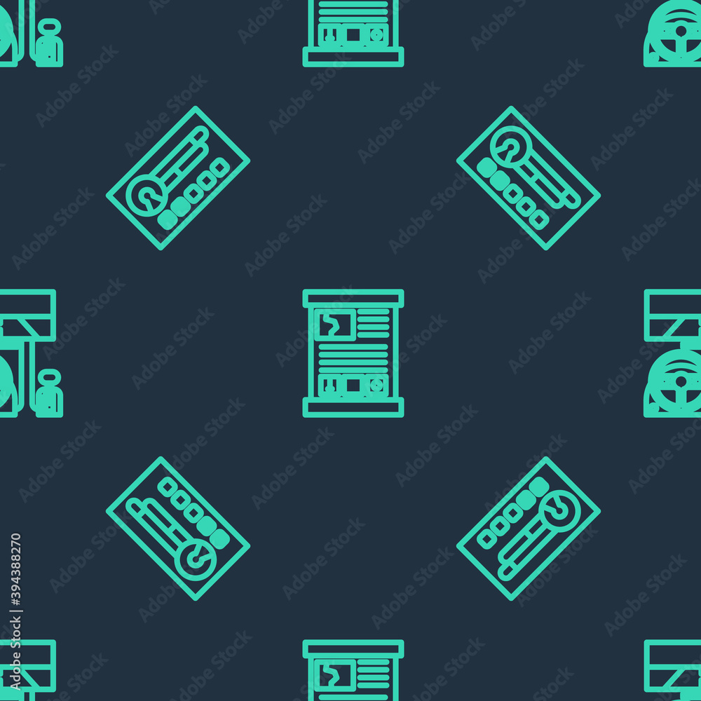 Poster set line game guide, create account screen and racing simulator cockpit on seamless pattern. vector.