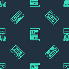 Fototapeta premium Set line Game guide, Create account screen and Racing simulator cockpit on seamless pattern. Vector.