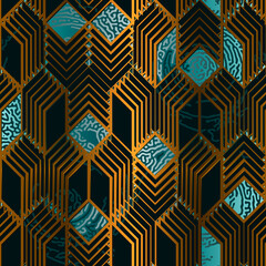 Seamless expressive art deco pattern with 3d illusion, consisting of rhombuses and picturesque bionic texture. Template for packaging, printing on fabric.