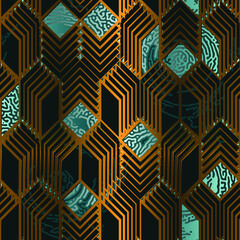 Seamless expressive art deco pattern with 3d illusion, consisting of rhombuses and picturesque bionic texture. Template for packaging, printing on fabric.