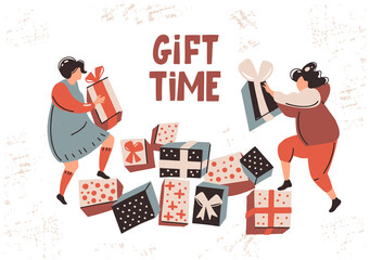 Time for gifts. Women give gifts to each other. Girls climb the mountain of gifts. Christmas illustration in Scandinavian style.