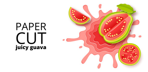 Paper cut guava juice splashes and drops. Isolated on white background