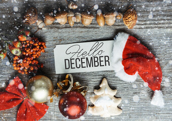 hello december holidays design card background new year and christmas ornament decor 
