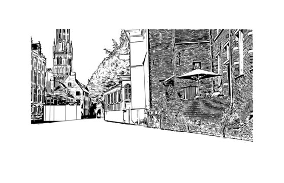 recommend clip art: Building view with landmark of Bruges
                    is the city of Belgium. Hand drawn sketch illustration in vector.