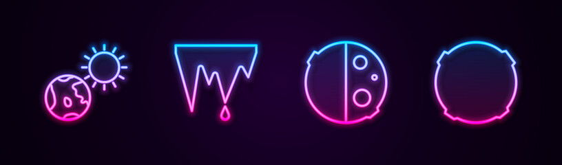 Set line Earth globe and sun, Icicle, Eclipse of the and Moon. Glowing neon icon. Vector.